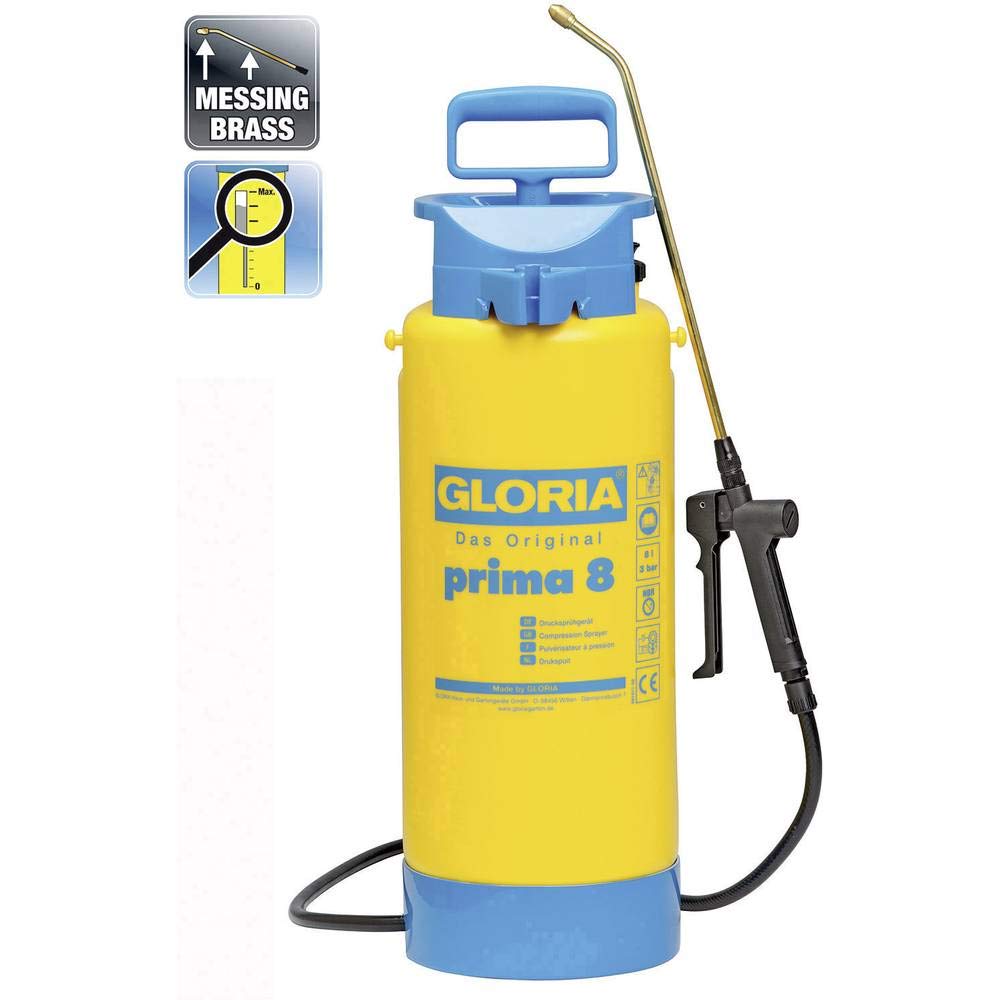 GLORIA Spruzzatore prima 8 | Pompa da Giardino XL da 8 Litri Gialla | Nebulizzatore con lancia in ottone | Base circolare stabile | Livello trasparente | Per grandi giardini, serra e piante