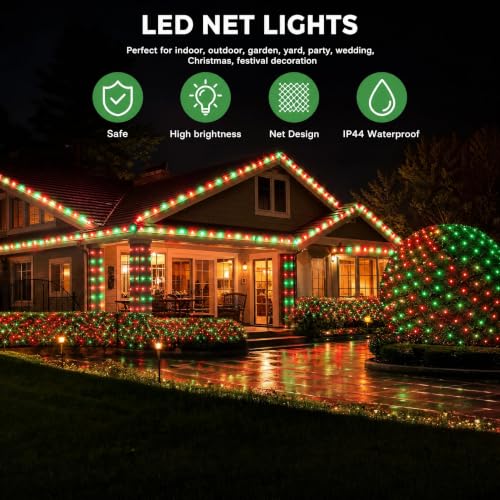Image of Dazzle Bright Christmas Net Lights, 360 LED 12FT x 5 FT Transparent Wire Waterproof Connectable String Lights with 8 Modes for Bushes Garden Party Holiday Decoration (Red and Green)