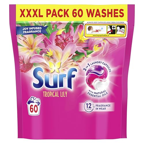 Surf 3 in 1 Tropical Lily Laundry Washing Detergent Capsules joy-infused fragrance with natural essential oils lasting up to 12 hours in wear for brilliantly clean results 60 washes