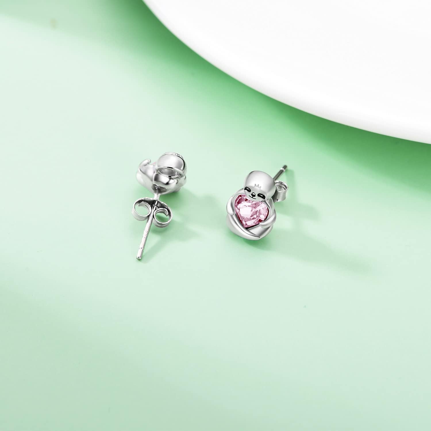 Sterling Silver Sloth Stud Earrings with Heart Crystals, Birthday Sloth Gifts for Women Girls Her (Pink), 11 mm x 8 mm - Image 4