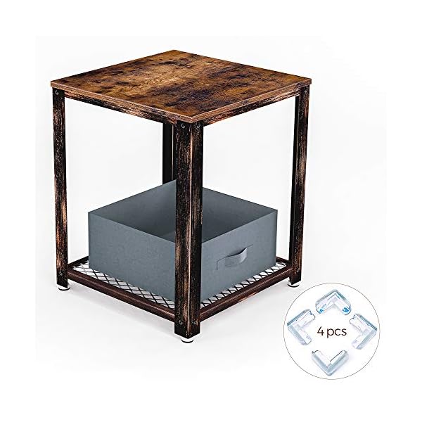 Rolanstar Rustic End Table, 2-Tier Side Table with Retro Metal Frame and Iron Mesh Storage Organizer Shelves, for Living Room, ED001-A
