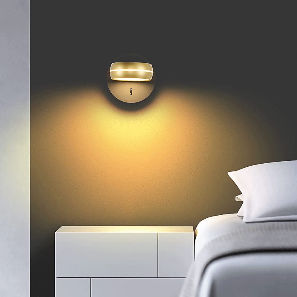 Lampa ścienna do pomieszczeń, obrotowa o 350°, z przełącznikiem, 6 W, LED, do salonu, sypialni, korytarza, schodów, czarno-złota.