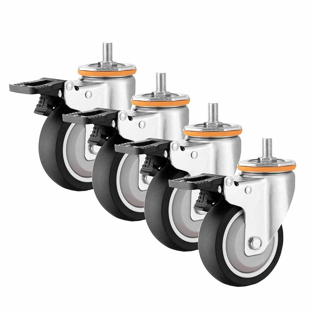 Roulettes Pivotantes Industriel 63/75/100/125mm, 4 Pièces M10 Roulette à Tige Filetée avec Frein, Roues Silencieux en Caoutchouc de Rechange (Size : 4"/100mm)