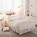 LIFEREVO Luxury Pom Poms Velvet Bed Skirt, Velvet Wrap Around Bedspread, Ivory Quilted Fitted Bed Sheet with Bedskirt, 18 Inch Drop Dust Ruffle Decorative Bed Skirt Pompoms Fringe(Full/Queen, Beige)