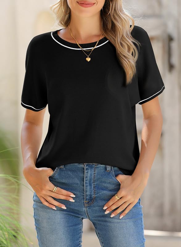 Image of SHEWIN Womens Tops Trendy Short Sleeve Shirts Crewneck Lightweight Knit Sweater Top Business Casual Outfits