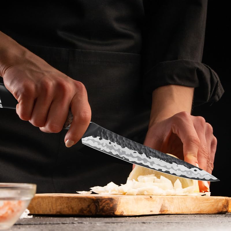 SHAN ZU Coltello Multiuso Giapponese 15 cm Forgiato a Mano | Acciaio a 7 Strati ad Alto Carbonio, Manico Ergonomico in Acero, Ultra Affilato