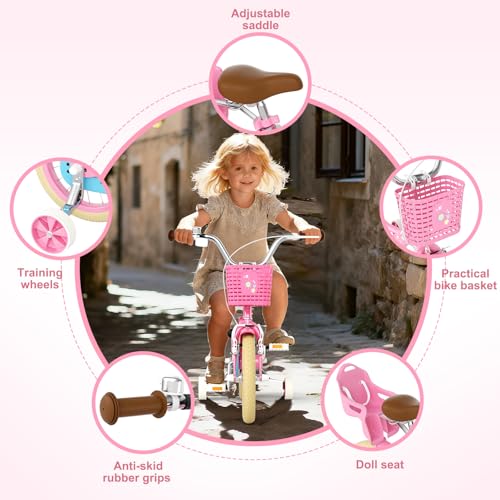Image of Glaf Girls Bike Bicycle for 2-12 Years Old 12 14 16 20 inch Kids Toddler Bike with Training Wheels and Basket,Doll Seat, Kids Bike Bicycle for Gift