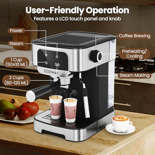 COSTWAY 20 Bar Espresso Coffee Machine, 1200W Compact Coffee Maker with Milk Frother, Touch Screen & 1.8 L Removable Water Tank, Stainless Steel Espresso Maker for Cappuccino, Latte, Ground Coffee - Image 6