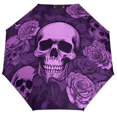 Parapluie compact crânes et roses violettes contre le vent et la pluie, lot protecteur de 3