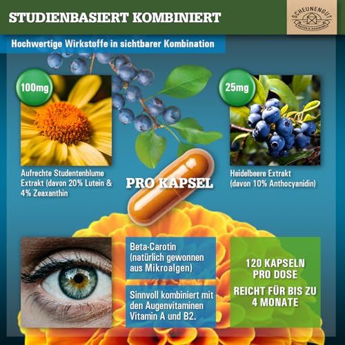 ADLERAUGE® Augenvitamine Hochdosiert -WICHTIG: Laborgeprüfter Markenkomplex mit Lutein, Zeaxanthin, Heidelbeer-Extrakt, Beta-Carotin, Vitamin A+B uvm. 120Stk DE SCHEUNENGUT®