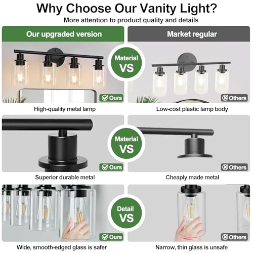 4-Light Bathroom Light Fixtures, Matte Black Modern Vanity Lights Over Mirror with Clear Glass Shade, Bathroom Wall Lamp for Mirror Kitchen Living Room Hallway Cabinet Porch Bedroom Reading room