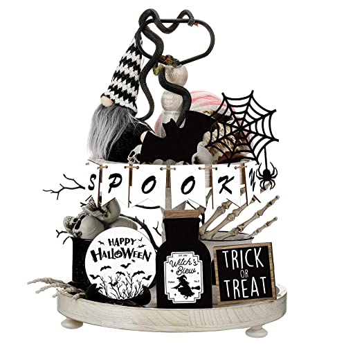 Halloween Tiered Tray Decoration Set Halloween Farmhouse Decor Boo Happy Halloween Wooden Signs Farmhouse Rustic Tiered Tray Decor Items for Home Table Houseroom(Spooky Style,13 Pcs)