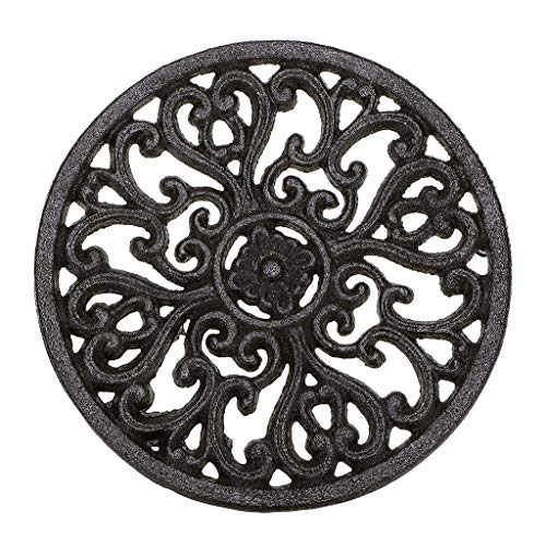 Sumnacon 6.7" Cast Iron Trivet, Decorative Round Trivet Mat Hot Pot Holder Pads with Vintage Pattern and Rubber Pegs/Feet for Rustic Kitchen Counter Or Dining Table