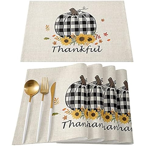 SIMIGREE Thanksgiving Placemats for Dining Table Set of 4, Cotton Linen Table Mats Non-Slip Washable Kitchen Placemats for Adults/Kids, Fall Pumpkin with Black Buffalo Plaids Print Sunflowers Cover