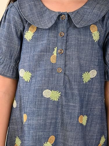 Image of LILPICKS Pineapple Applique Button Down A-line Denim DressFor Girls (Blue)