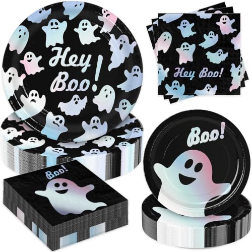 180Pcs Halloween Hey Boo Paper Plates and Napkins Party Supplies,Serves 60