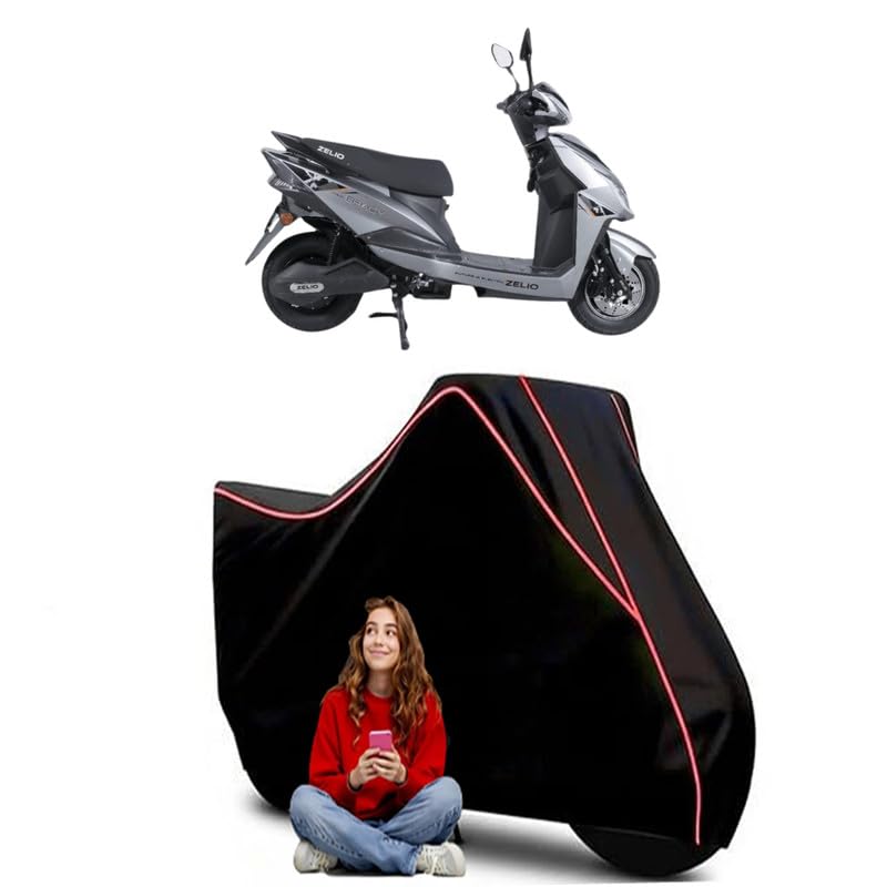 Image of Zelio Gracy-i Scooty Bike Cover Water Resistant Outdoor Use Universal Fit Scooters Motorcycles Heavy Duty UV Protection Dust Rain Scratch Resistant Elastic Bottom Black Blue Piping