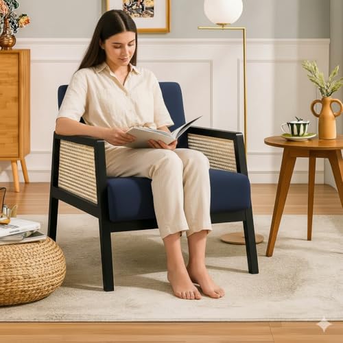 Image of Solid Sheesham Wood Arm Chair with Cushion || Cane Chairs for Balcony || Wooden Armrest Chair Garden Chairs Outdoor & Indoor || Dining Chair for Living Room Furniture Bedroom Home Walnut Finish