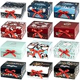 ARTLYMERS Christmas Gift Boxes with Lids, 12 Pack Gift Boxes and Red Ribbon Christmas Themed Pattern Small Gift Boxes for Christmas Presents Gifts Easy Assemble