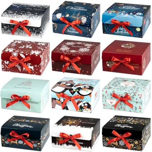 ARTLYMERS Christmas Gift Boxes with Lids 12 Pack Gift Box and Red Ribbon Christmas Themed Pattern Small Gift Boxes for Xmas Presents Gifts Easy Assemble