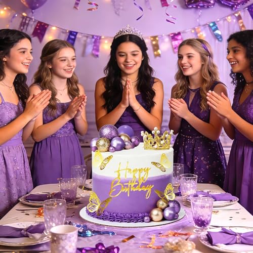 Purple Gold Balls Cake Toppers Happy Birthday Crown Tiara Cake Topper Princess Purple Cake Decorations (Purple) by LEFUBABY - Image 4
