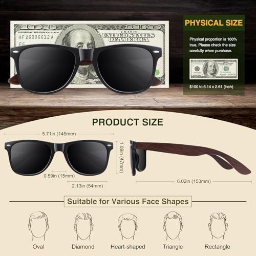 Image of WEAROYO Polarized Sunglasses for Men Women with Wood Temples,Retro Dark Lenses Driving Fishing UV400 Protection