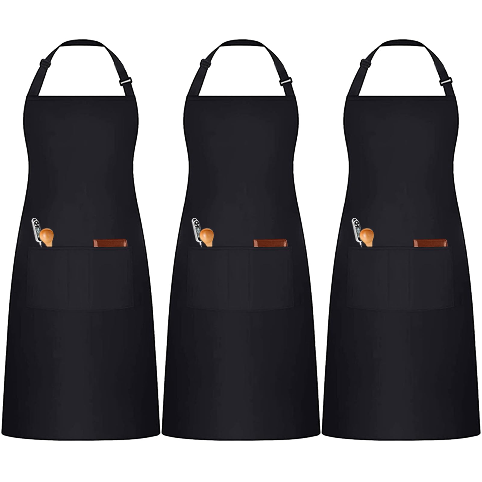 umboom 3 Pack Black Chef Apron, Adjustable Bib Apron with 3 Pockets for Men Women, Professional Work Apron for Kitchen Restaurant Server Baker Hairstylist Cook Dishwash Clean (Polycotton - Black)