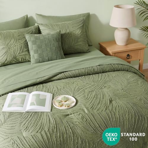 Image of Geniospin King Size Comforter Set, 7 Pieces Olive Green Bed in a Bag King Bedding Set, Soft Tufted Bed Set with Comforter, Sheets, Pillowcases & Shams for All Season