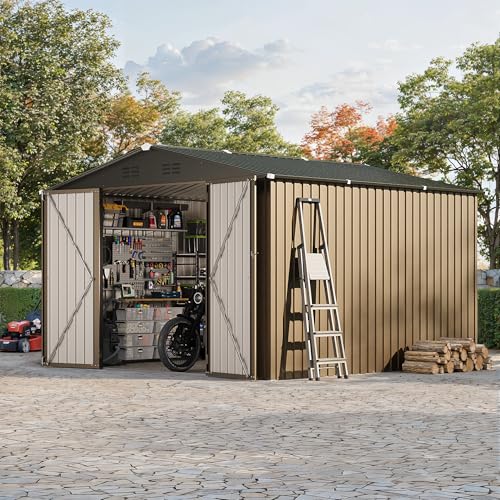 10 x 10 FT Outdoor Storage Shed,Metal Garden Sheds&Outdoor Storage Clearance, Large Tool Shed Outdoor with Single Lockable Door,Ideal Storage House for Backyard Garden Patio Lawn Brown 10×10