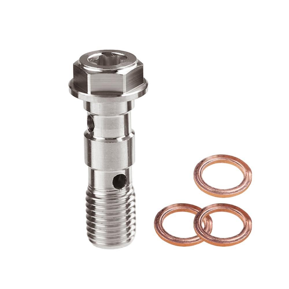 Universal M10x1.00 Stainless Steel Double Hydraulic Brake Banjo Bolt Screw Brake Fitting Adapter Universal with M10 Copper Washers, Single Banjo Bolt