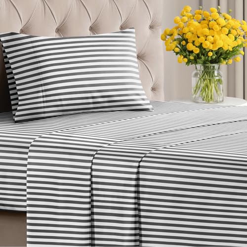 Image of Twin 3 Piece Striped Sheet Set - Breathable & Cooling - Black Pinstripe