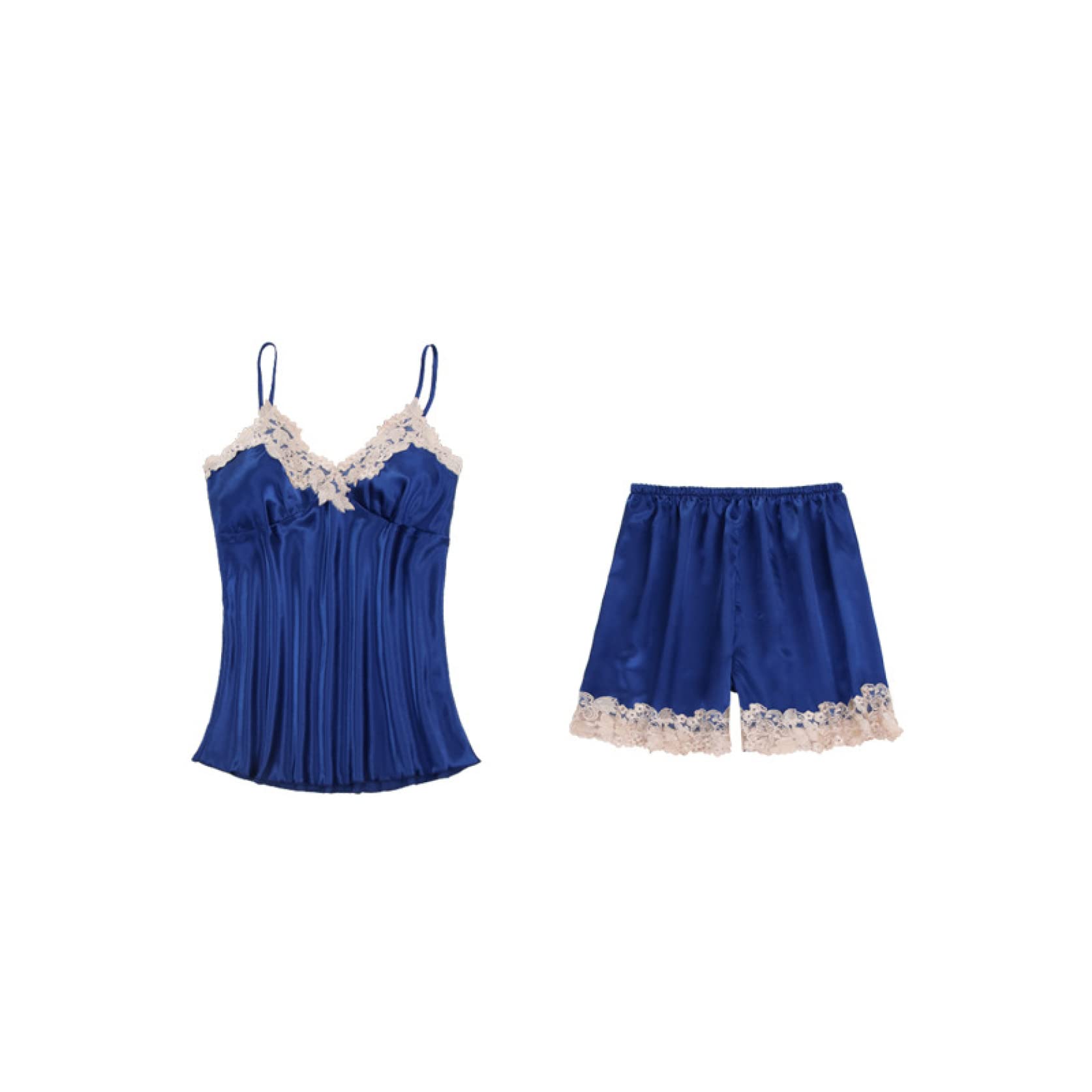 CFWSHJ Damen-Pyjama-Set, langärmelig, leicht, Loungewear, Seiden-Satin-Nachthemden, sexy Spitzen-Nachtwäsche, Herbst-Winter, X, Marineblau, 5 Stück-x (Marineblau (Cami + Shorts) X)