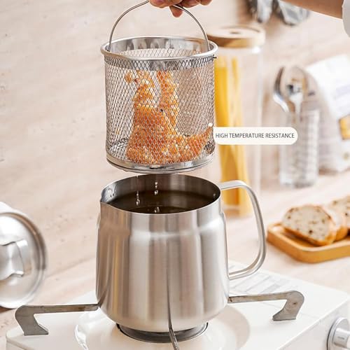 Image of Small Deep Frying Pot with Strainer Basket,1200ml Stainless Steel Pan with Handle,Ideal for Frying French Fries /Chicken Wings /Shrimp /Boiling Butter /Gravies (1.5L Deep Frying Pot)