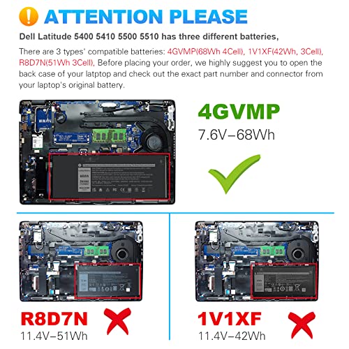 Image of 4GVMP Laptop Battery for Dell Latitude 5400 5500 5410 5510 E5400 E5500 Inspiron 7590 7591 7791 2-in-1 Precision 3540 3550 Series P84F P84F001 P42E P42E001 P98G001 P80F001 RF7WM C5GV2 H82T6 7.6V 68Wh
