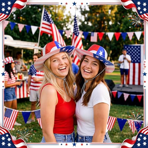 Image of Shyyween 12 /24 Pcs American Flag Plastic Hats Patriotic 4th of July Cowboy Hats White Blue Red Caps for Independence Day