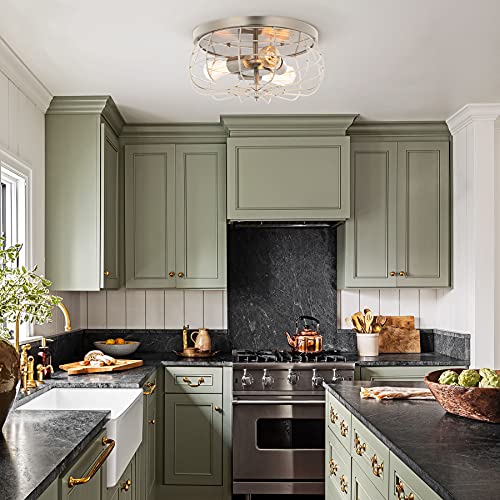 Vonluce 15 Inch Metal Cage Brushed Nickel Flush Mount Ceiling Light Fixture With 3 Lights, Industrial Vintage Ceiling Fixtures For Master Bedroom, Living Room, Farmhouse Lighting, Etl. #TOP1