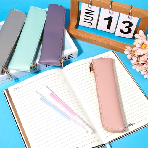 Image of GORGECRAFT Stationery Storage Bag PU Leather Pencil Case Slim Design Soft Small Aesthetic Pen Pouch Solid Color Portable Zipper Cosmetic Bag for Pen Pencils Markers Gifts (Pink)
