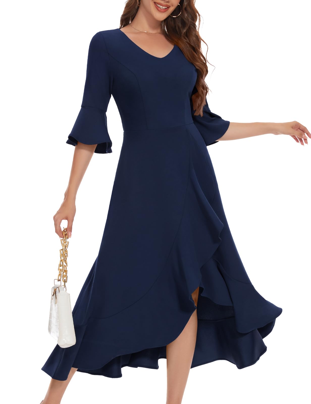 HomRain Women's Wedding Guest Dress Elegant Formal Cocktail Bell Sleeve Dress for Prom Homecoming Tea Party