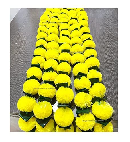 Image of SPHINX Artificial Marigold Fluffy Flowers Garlands for Decoration - Pack of 5 (Yellow with Green Leaves, 5 ft)