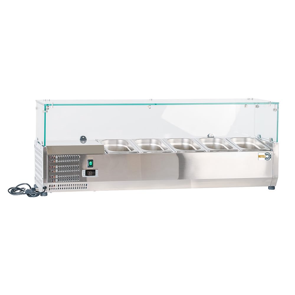 Cleiton® Vitrina de Ingredientes Refrigerada 120x33x44 cm de Acero Inoxidable 5 Cubetas GN 1/4 | Nevera de Ingredientes con Termostato Digital Dixell | Mostrador Vitrina refrigeradora