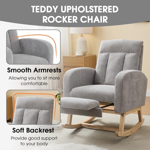 Image of NIOIIKIT Nursery Rocking Chair, Corduroy Upholstered Rocking Chair with Adjustable Footrest, Tufted Rocker Chair with Side Pocket, Glider Rocker for Living Room, Bedroom (Grey Comfy)