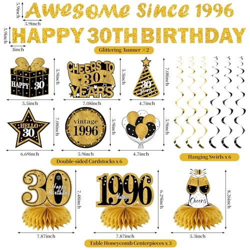 Image of Kuxriox 11Pcs 30th Birthday Decorations Kit for Men Women, Black Gold Happy 30th Birthday Banner, Awesome Since 1996 Centerpieces Swirls Party Supplies, Thirty Bday Banner Ceiling Table Topper Sign
