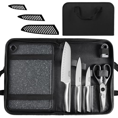 hecef set couteaux de cuisine professionnels en acier inoxydable, avec étuis, planche réversible, affûteur à 2 étapes, ciseaux et sac de transport, 10...