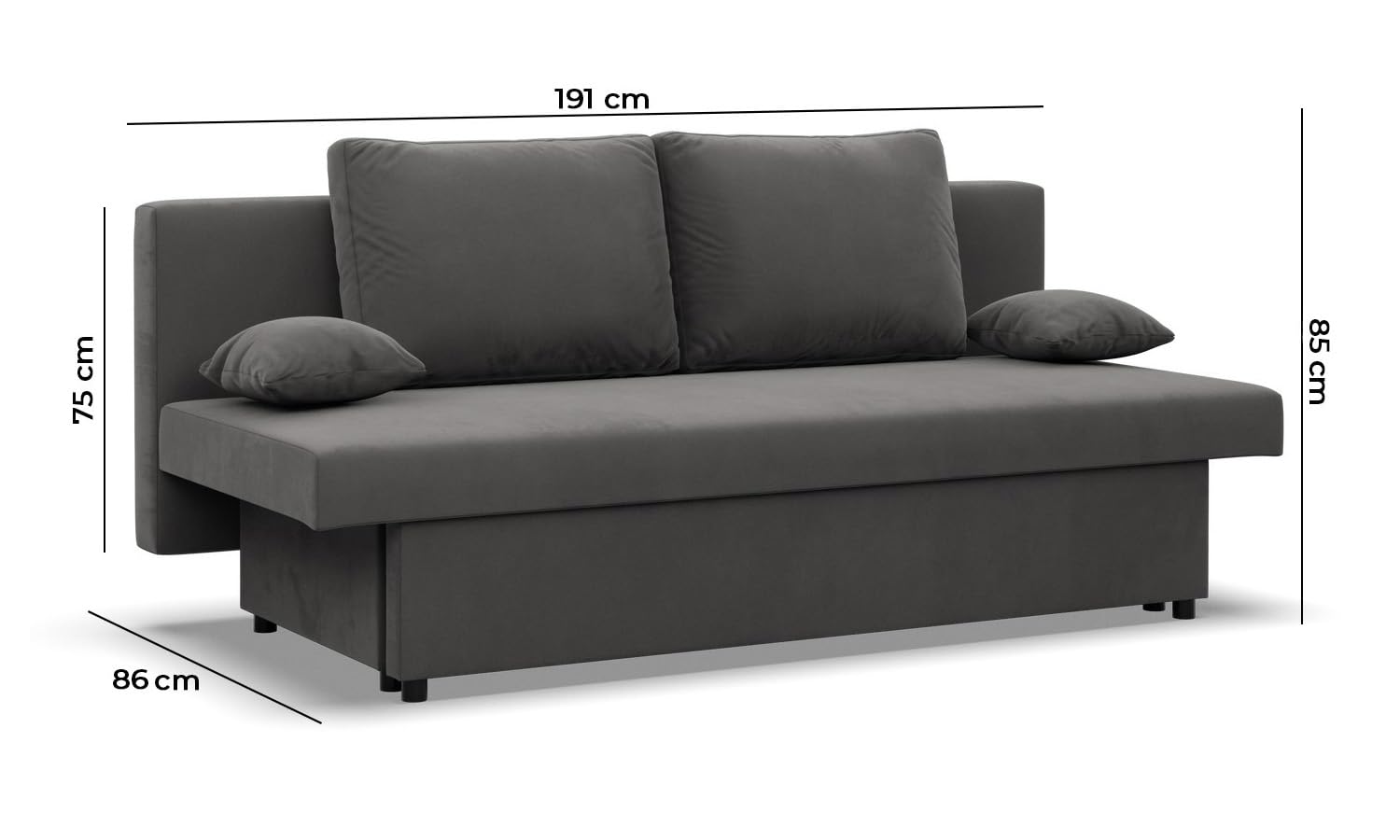 Mebligo - Sofa 3-Sitzer NOLA mit Schlaffunktion und Bettkasten, Schaum, schwarz