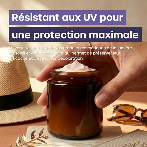 Pot Cosmétique - Petit Pot Verre pour Voyage (Pack de 12, 160ml) - Boîte cosmétique vide avec couvercle et cuillères en plastique - Contenant Vide Cosmetique en Verre & Protection UV – vue 6