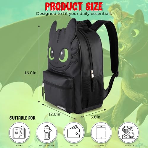 Image of AI ACCESSORY INNOVATIONS How to Train Your Dragon Toothless Backpack, Black 16 Inch School Bag with 3D Face Applique, Green Eyes, Lightning Bolt Keychain, for Boys and Girls