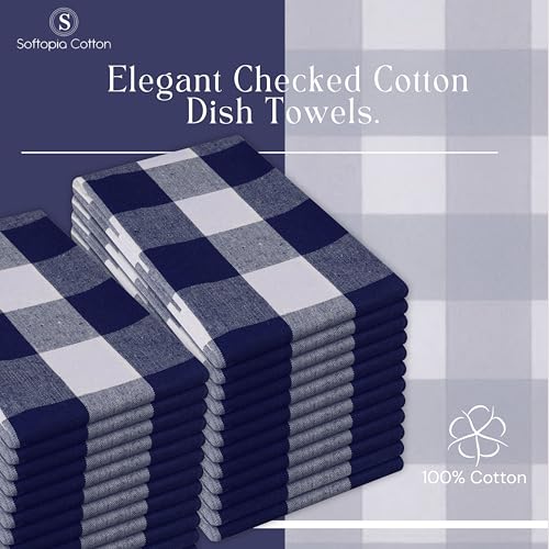 Image of Navy Blue Buffalo Check Kitchen Towels, 4 Pack, 100% Cotton, 16x26 Inches, Soft, Absorbent, Quick Dry, Dish Cloths, Bar & Restaurant Cleaning Towels with Hanging Loop, Navy White