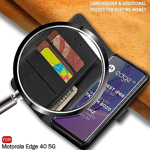 Image of TheGiftKart Flip Cover Back Case for Motorola Moto Edge 40 5G | Genuine Leather Finish | Designer Button | Inbuilt Pockets & Stand | Wallet Style Flip Case Cover for Moto Edge 40 (Faux Leather, Black)