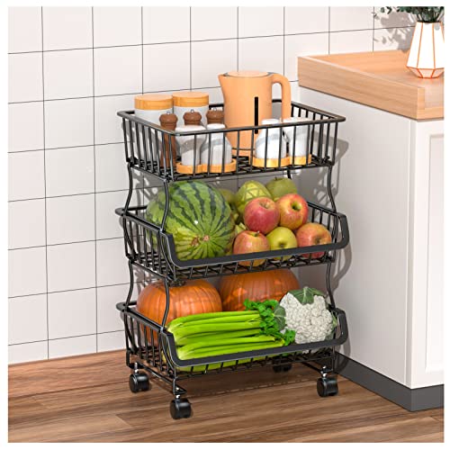 3-Tier Rolling Pantry Organizers and Storage Cart with Wheels – Stackable Wire Snack Cart for Kitchen, Pantry Shelves and Storage Rack for Fruit, Vegetables, Onion, Potato, 1 Pcs
