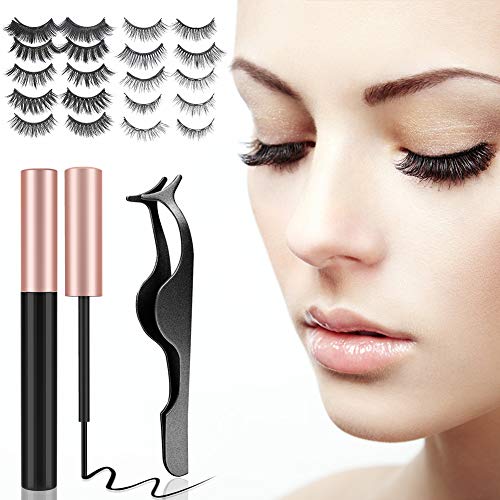 EONSIX Magnetic Eyelashes with Eyeliner - 10 Pairs Reusable 3D 5D Magnetic Lashes Set with 2 Special Magnetic Eyeliner and Tweezer, Handmade False Eyelashes Natural Look, No Glue Needed